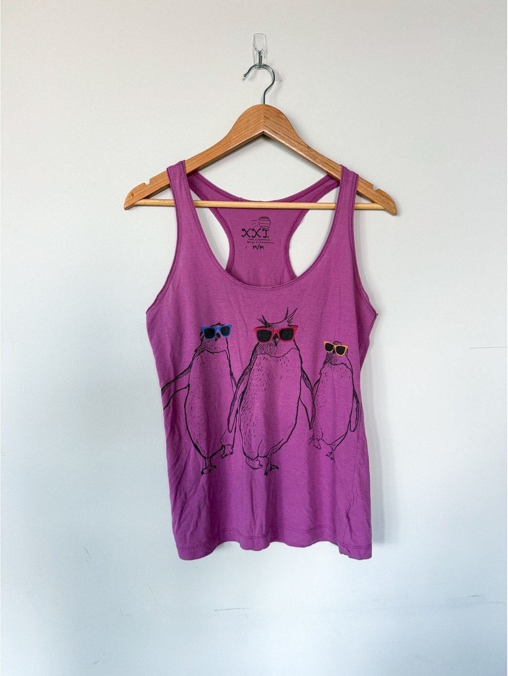 Forever 21 2010s Pink Purple Penguins with Glasses Graphic Tank Top Racerback